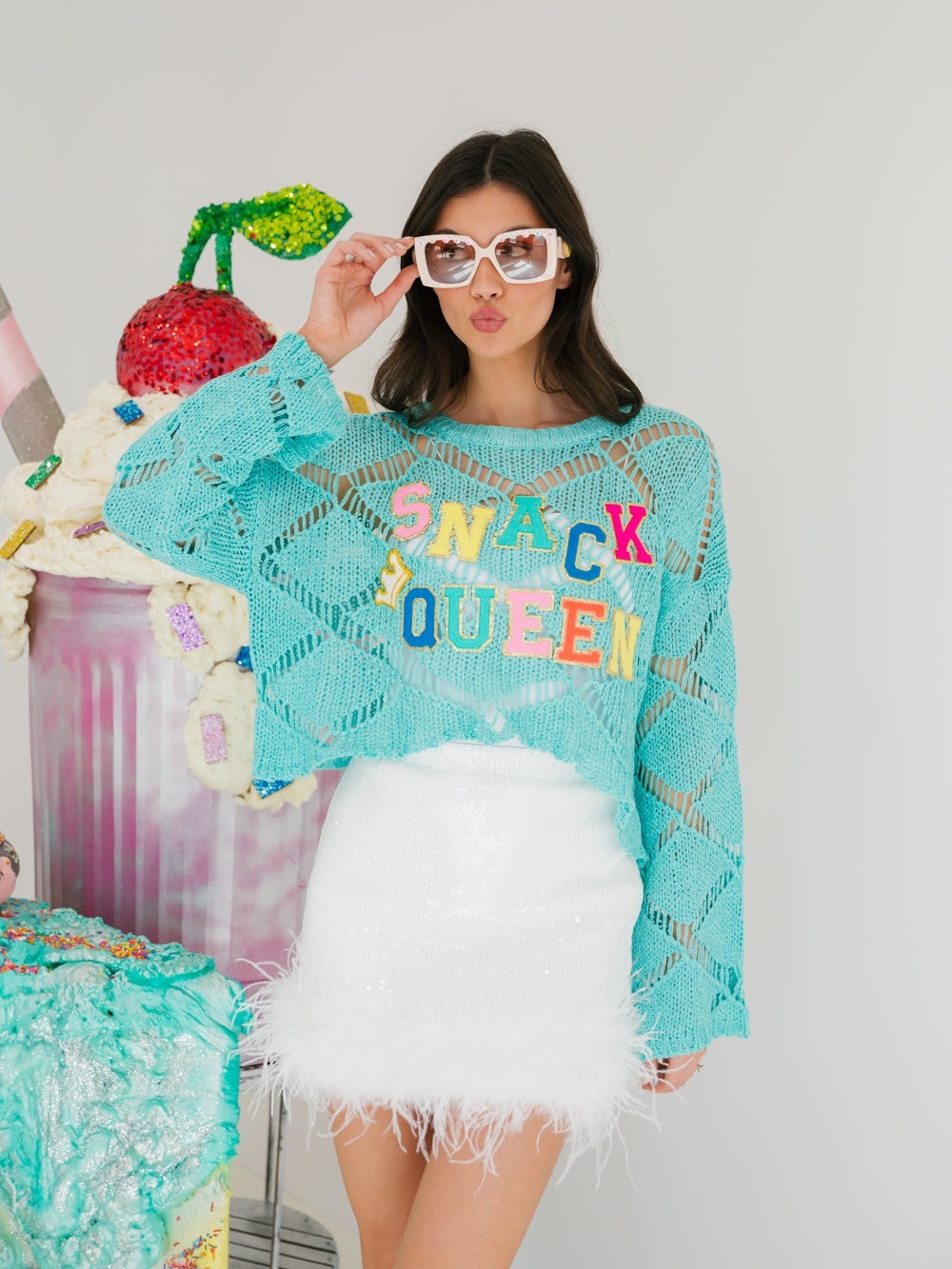Judith March Aqua Open-Knit 'Snack Queen' Sweater